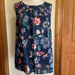 TALBOTS Sleeveless Blue Floral Pleated Neckline Tank Top M